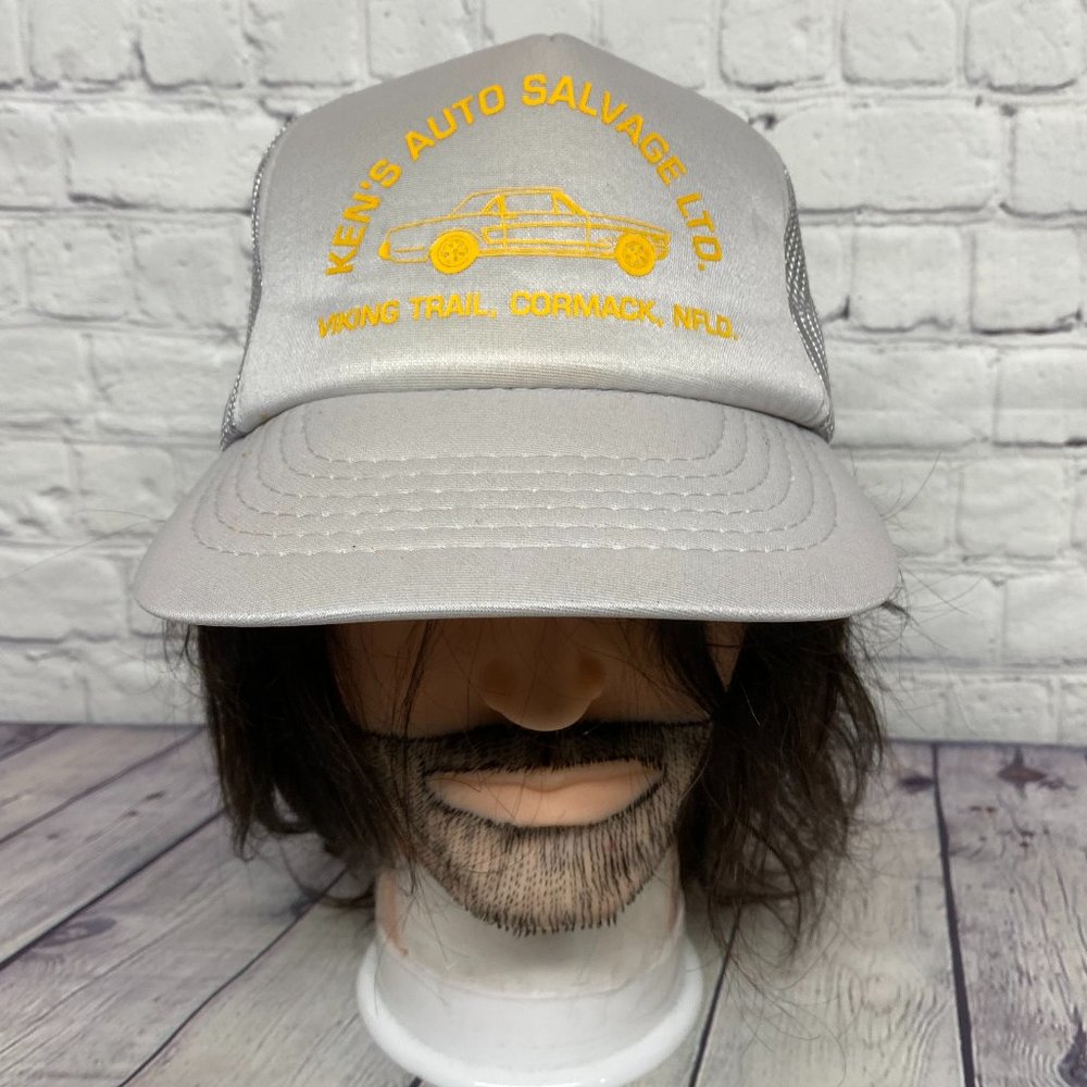 Vintage Trucker Hat Cap Mesh Snapback Gray Ken's Auto Salvage Viking Trail NFLD.